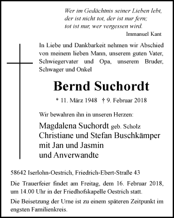 Traueranzeige von Bernd Suchordt von Stadtspiegel Iserlohn + Hemer
