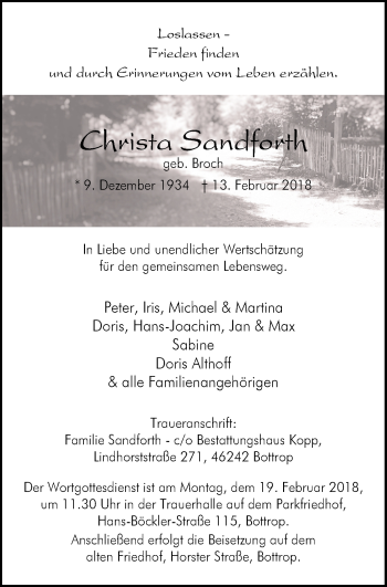 Traueranzeige von Christa Sandforth von Stadtspiegel Bottrop