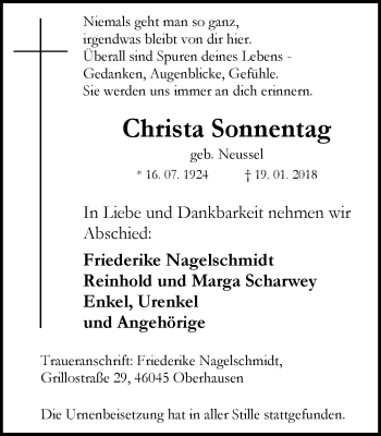 Traueranzeige von Christa Sonnentag von Wochen-Anzeiger Oberhausen