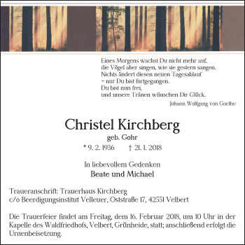 Traueranzeige von Christel Kirchberg Kirchberg von Stadtanzeiger Velbert + Heiligenhaus