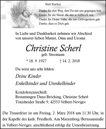 Traueranzeige von Christine Scherl von Stadtanzeiger Velbert + Heiligenhaus