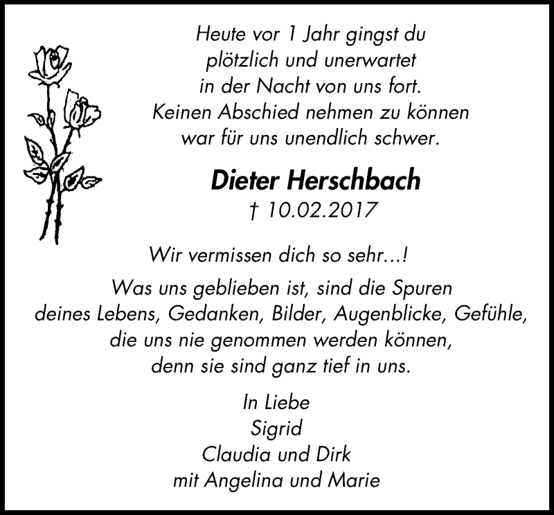  Traueranzeige für Dieter Herschbach vom 10.02.2018 aus Wochen-Anzeiger Oberhausen