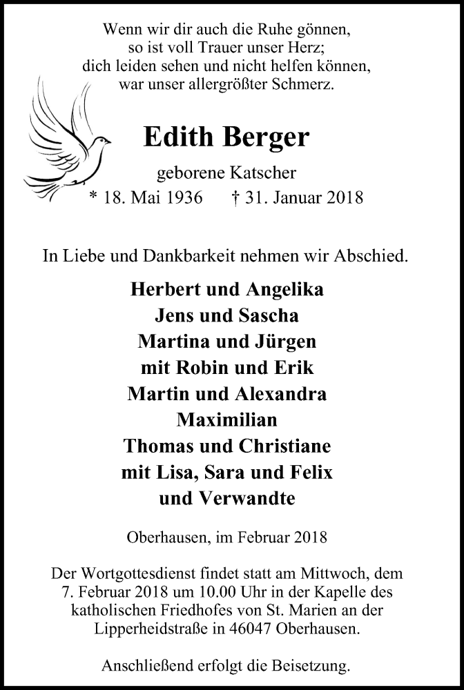  Traueranzeige für Edith Berger vom 03.02.2018 aus Wochen-Anzeiger Oberhausen