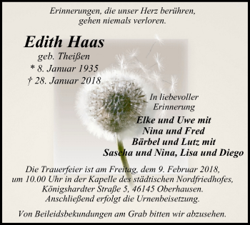 Traueranzeige von Edith Haas von Wochen-Anzeiger Oberhausen