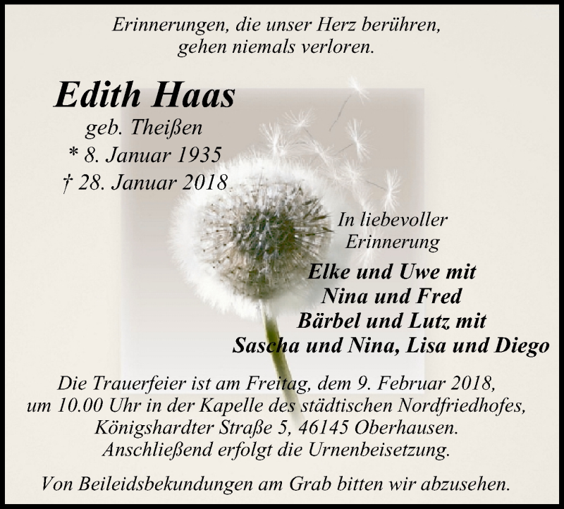 Traueranzeige für Edith Haas vom 03.02.2018 aus Wochen-Anzeiger Oberhausen