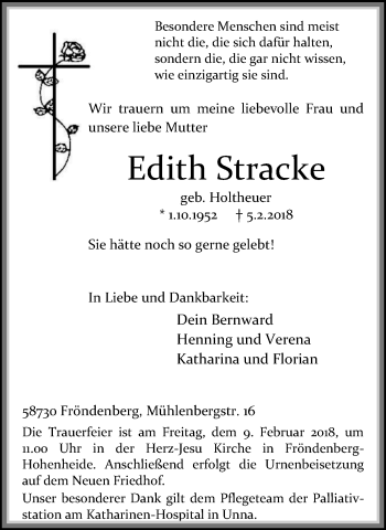 Traueranzeige von Edith Stracke von Stadtspiegel Menden + Froendenberg