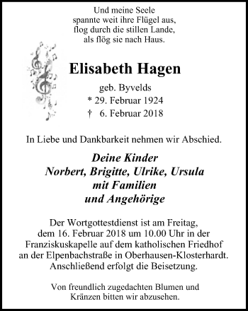 Traueranzeige von Elisabeth Hagen von Wochen-Anzeiger Oberhausen