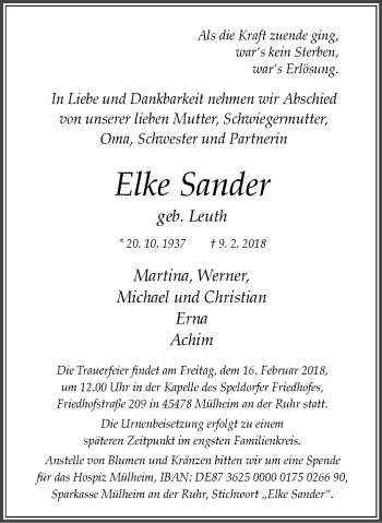 Traueranzeige von Elke Sander von Mülheimer Woche