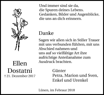 Traueranzeige von Ellen Dostatni von Lüner Anzeiger