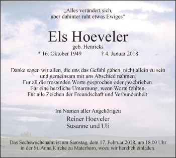 Traueranzeige von Els Hoeveler von Klever Wochenblatt