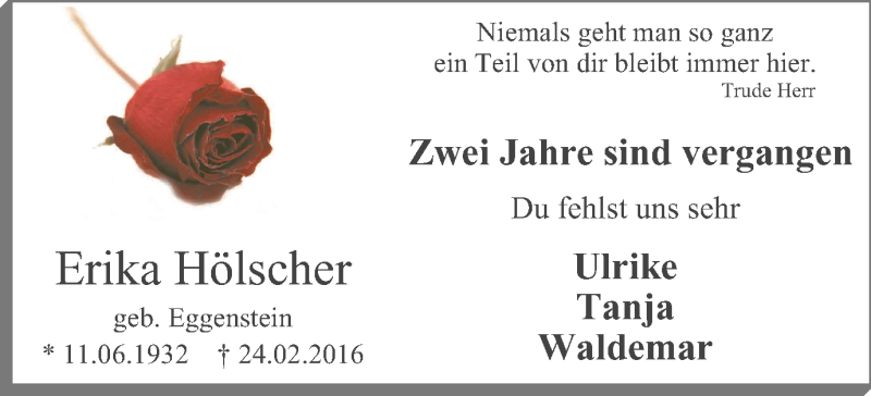  Traueranzeige für Erika Hölscher vom 24.02.2018 aus Lüner Anzeiger