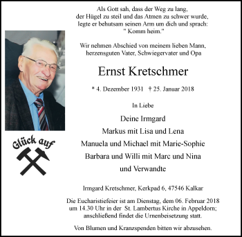 Traueranzeige von Ernst Kretschmer von Klever Wochenblatt
