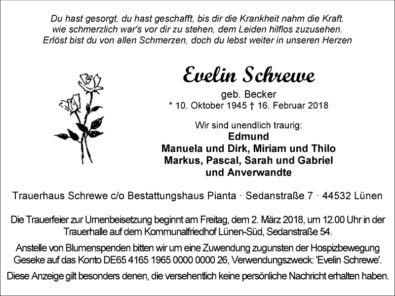  Traueranzeige für Evelin Schrewe vom 24.02.2018 aus Lüner Anzeiger