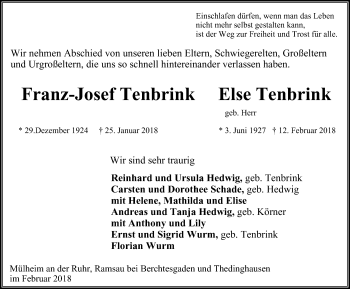 Traueranzeige von Franz-Josef und Else Tenbrink von Mülheimer Woche