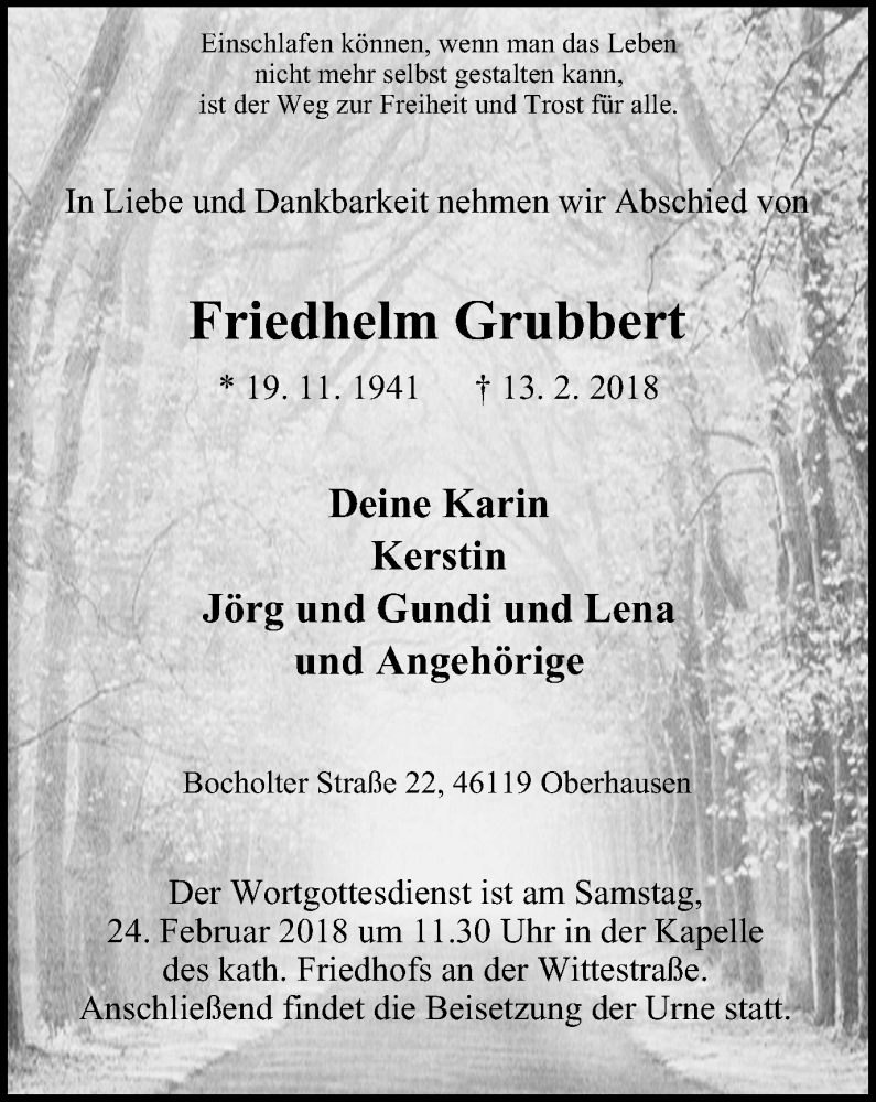  Traueranzeige für Friedhelm Grubbert vom 21.02.2018 aus Wochen-Anzeiger Oberhausen