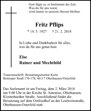 Traueranzeige von Fritz Pflips von Wochen-Anzeiger Oberhausen