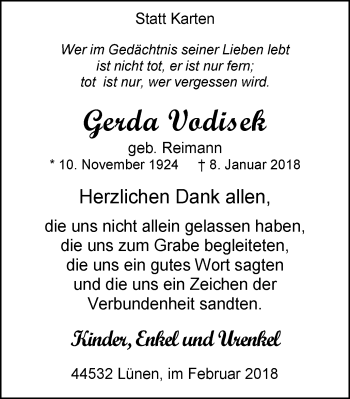 Traueranzeige von Gerda Vodisek von Lüner Anzeiger