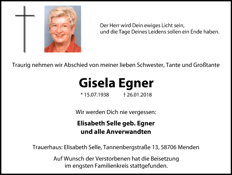 Traueranzeigen von Gisela Egner | Trauer-in-NRW.de