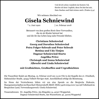 Traueranzeige von Gisela Schniewind von Stadtanzeiger Velbert + Heiligenhaus