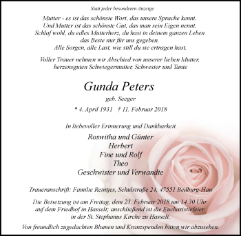 Traueranzeige von Gunda Peters von Klever Wochenblatt
