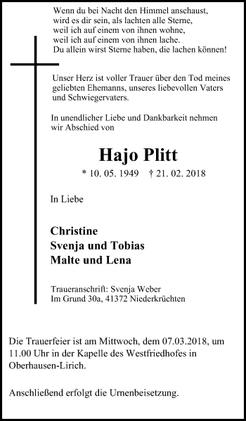 Traueranzeige von Hajo Plitt von Wochen-Anzeiger Oberhausen