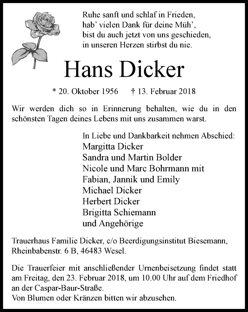  Traueranzeige für Hans Dicker vom 21.02.2018 aus Der Weseler + Der Xantener