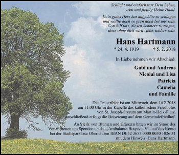Traueranzeige von Hans Hartmann von Wochen-Anzeiger Oberhausen