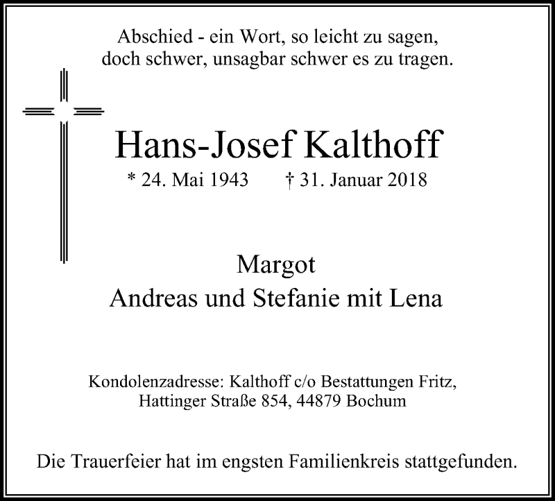  Traueranzeige für Hans-Josef Kalthoff vom 07.02.2018 aus Stadtanz.Castrop-Rauxel