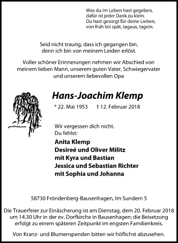 Traueranzeige von Hans Joachim Klemp von Stadtspiegel Menden + Froendenberg