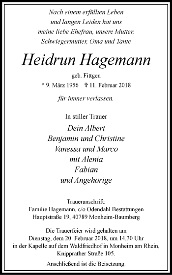 Traueranzeige von Heidrun Hagemann von Wochen-Anzeiger Langenfeld/Monheim/Hilden