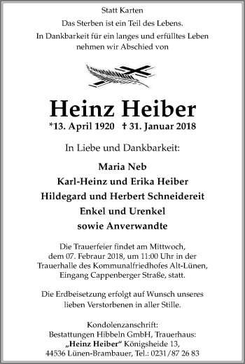 Traueranzeige von Heinz Heiber von Lüner Anzeiger