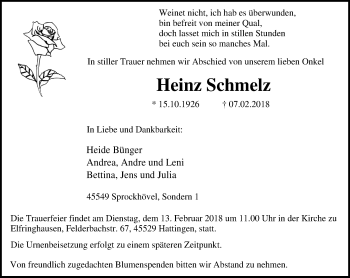 Traueranzeige von Heinz Schmelz von Stadtspiegel Hattingen/Niedersprockhövel