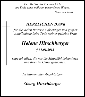 Traueranzeige von Helene Hirschberger von Wochen-Anzeiger Oberhausen