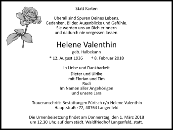 Traueranzeige von Helene Valenthin von Wochen-Anzeiger Langenfeld/Monheim/Hilden