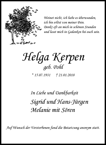 Traueranzeige von Helga Kerpen von Wochen-Anzeiger Langenfeld/Monheim/Hilden