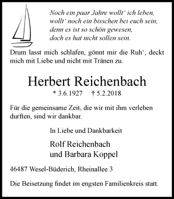 Traueranzeige von Herbert Reichenbach von Der Weseler + Der Xantener