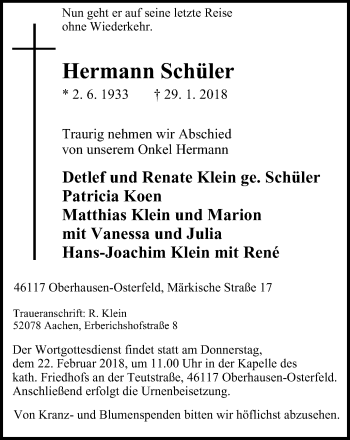 Traueranzeige von Hermann Schüler von Wochen-Anzeiger Oberhausen