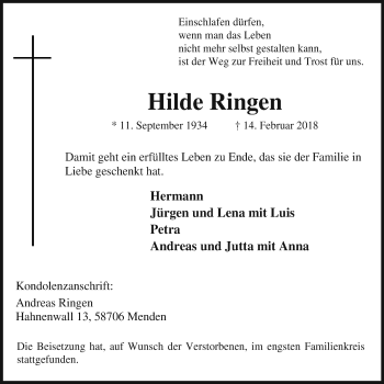 Traueranzeige von Hilde Ringen von Stadtspiegel Menden + Froendenberg