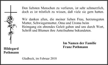 Traueranzeige von Hildegard Pothmann von Stadtspiegel Gladbeck