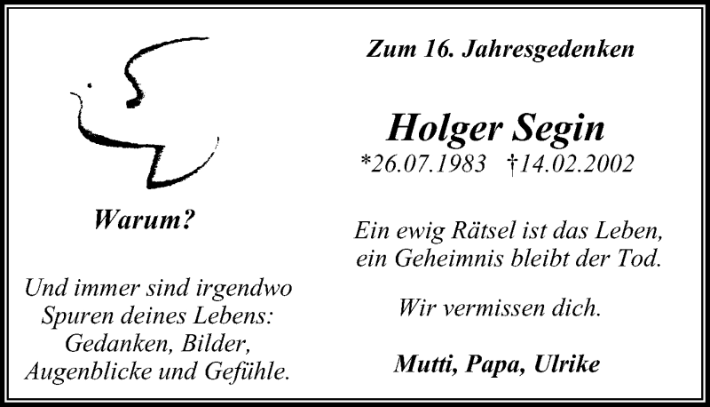  Traueranzeige für Holger Segin vom 14.02.2018 aus Stadtanz.Castrop-Rauxel