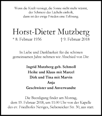 Traueranzeige von Horst-Dieter Mutzberg von Stadtanzeiger Velbert + Heiligenhaus