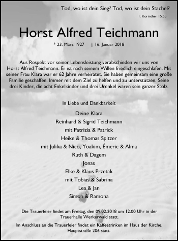 Traueranzeige von Horst Alfred Teichmann von Stadtanzeiger Velbert + Heiligenhaus