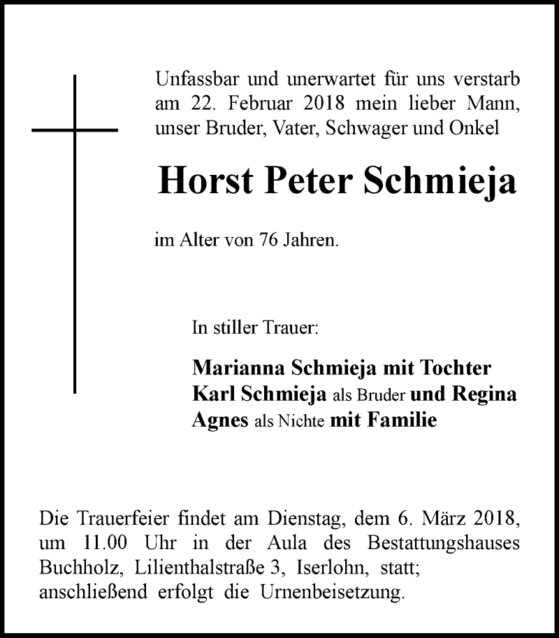  Traueranzeige für Horst Peter Schmieja vom 28.02.2018 aus Stadtspiegel Iserlohn + Hemer