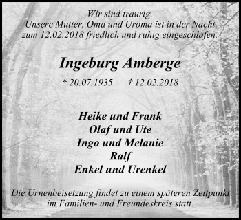Traueranzeige von Ingeburg Amberge von Mülheimer Woche
