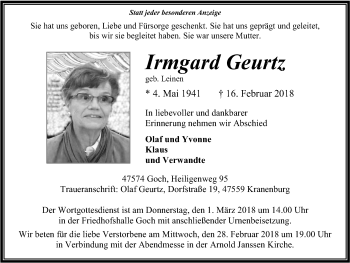 Traueranzeige von Irmgard Geurtz von Gocher Wochenblatt