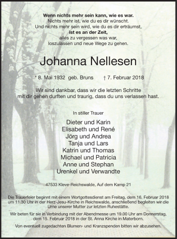 Traueranzeige von Johanna Nellesen von Klever Wochenblatt