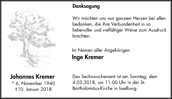 Traueranzeige von Johannes Kremer von Stadtanzeiger Emmerich/Rees/Isselburg