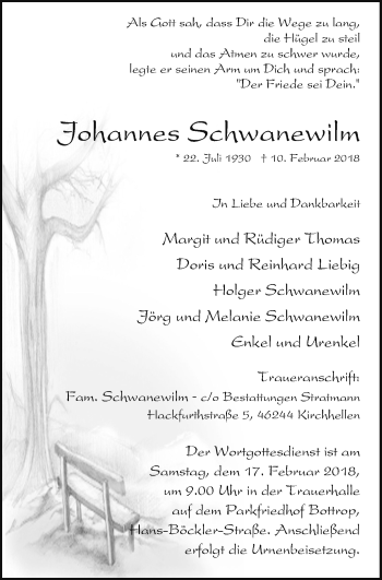 Traueranzeige von Johannes Schwanewilm von Stadtspiegel Bottrop