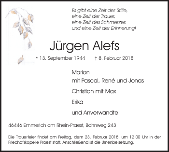 Traueranzeige von Jürgen Alefs von Stadtanzeiger Emmerich/Rees/Isselburg