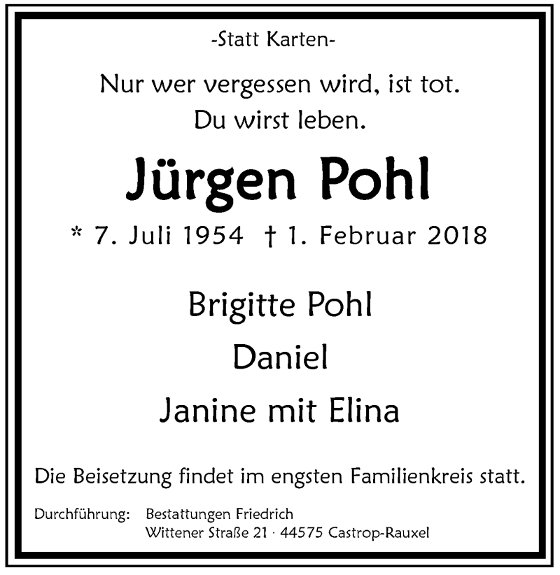  Traueranzeige für Jürgen Pohl vom 10.02.2018 aus Stadtanz.Castrop-Rauxel